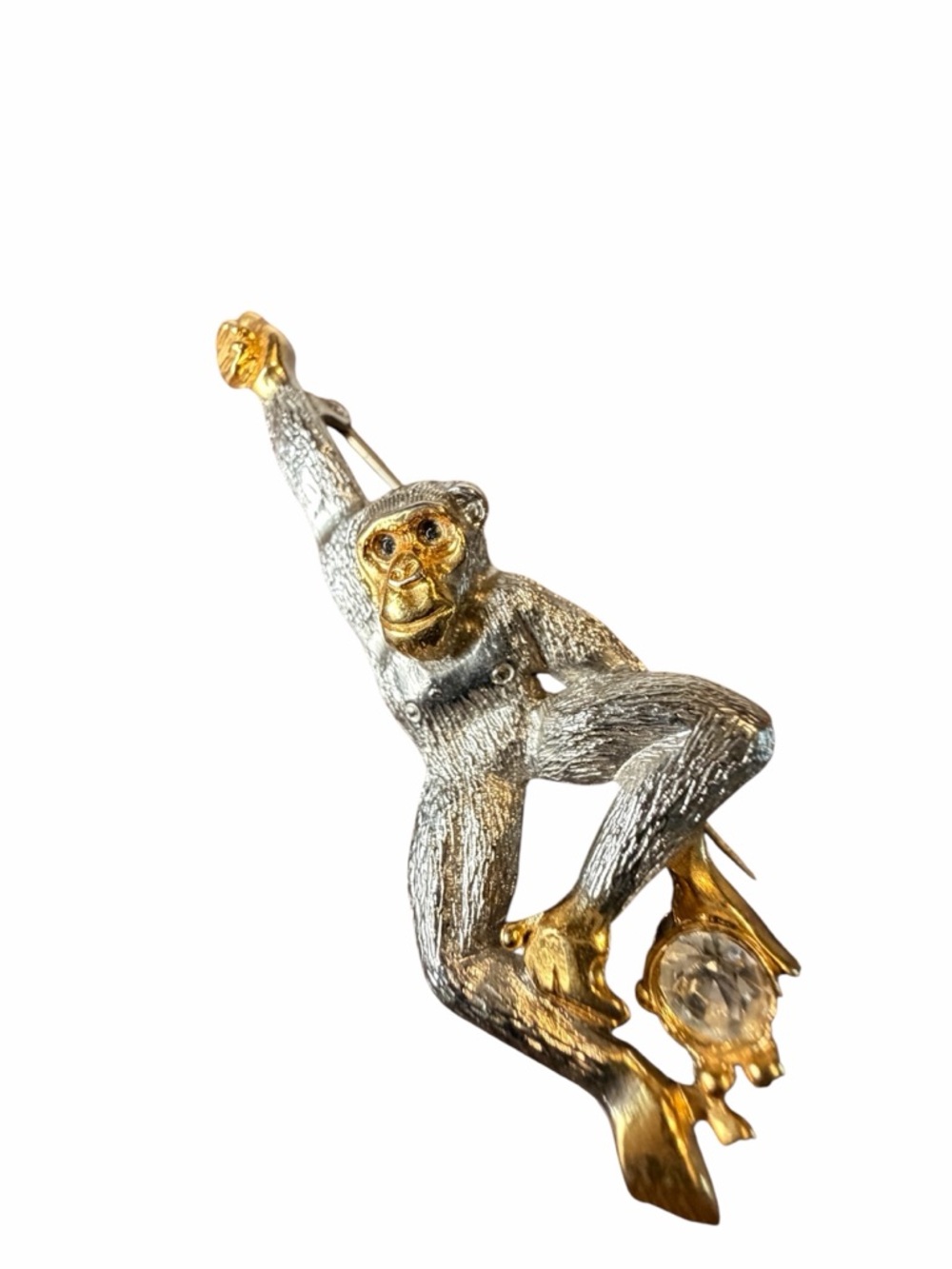 Figural Chimpanzee Brooch Vintage Monkey Pin‎ Gold Silver Tone Rhinestone